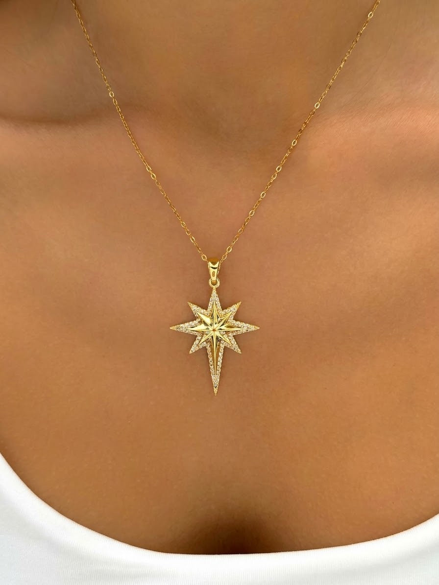 North Star Zircon Stone Stainless Steel Gold Plated Necklace