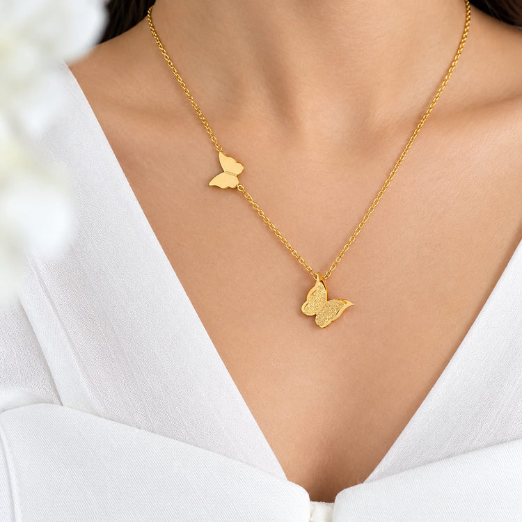 Double Butterfly Stainless Steel Gold Plated Necklace