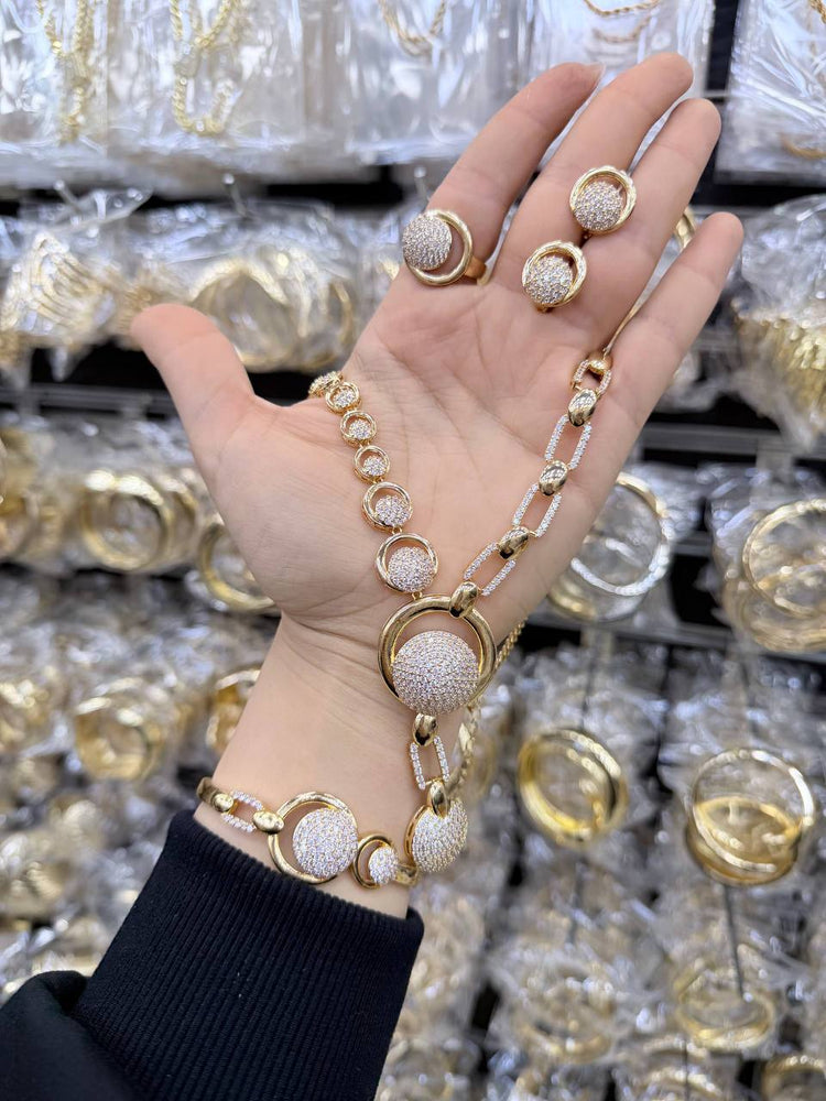Gold Asymmetric Orbit Zircon Stone Stainless Steel Gold Plated Jewellery Set
