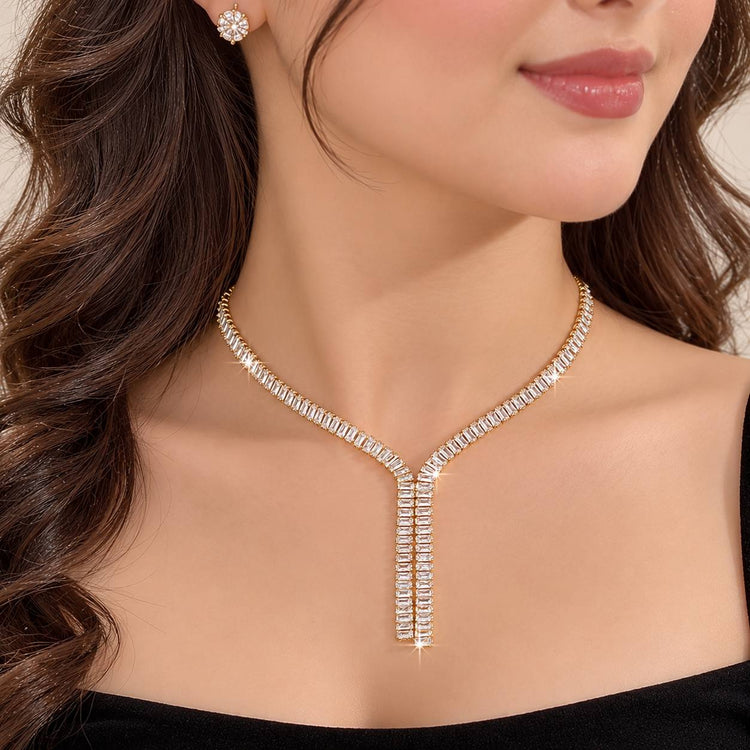 Gold Baguette Double Drop Zircon Stone Stainless Steel Gold Plated Necklace