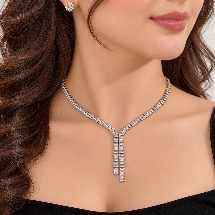 Silver Baguette Double Drop Zircon Stone Stainless Steel Necklace