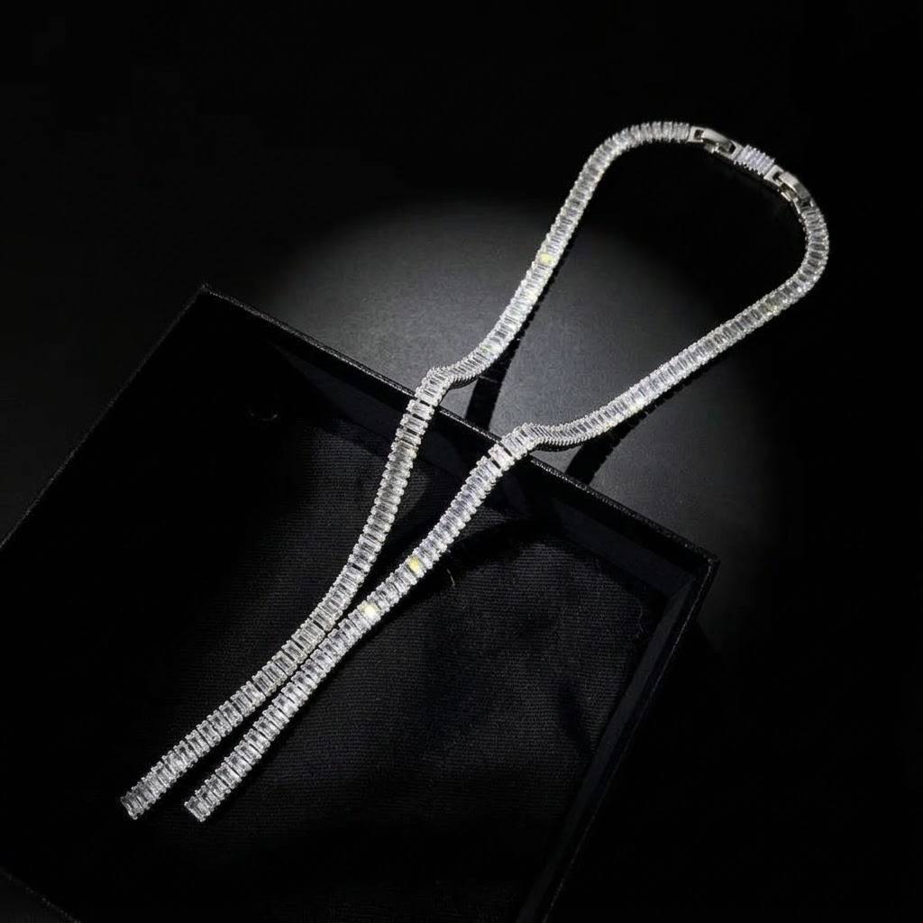 Silver Baguette Double Drop Zircon Stone Stainless Steel Necklace