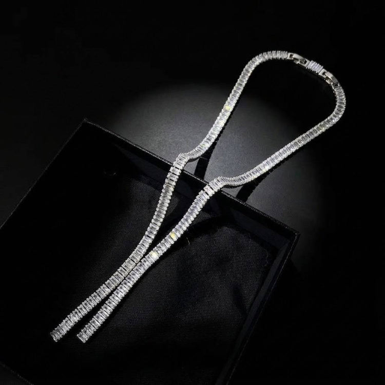 Silver Baguette Double Drop Zircon Stone Stainless Steel Necklace