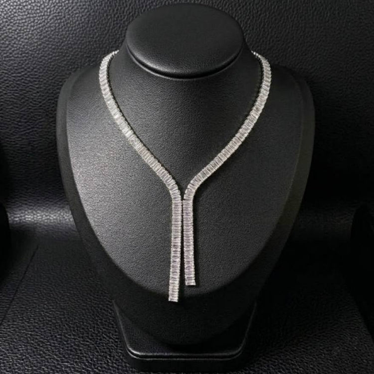 Silver Baguette Double Drop Zircon Stone Stainless Steel Necklace