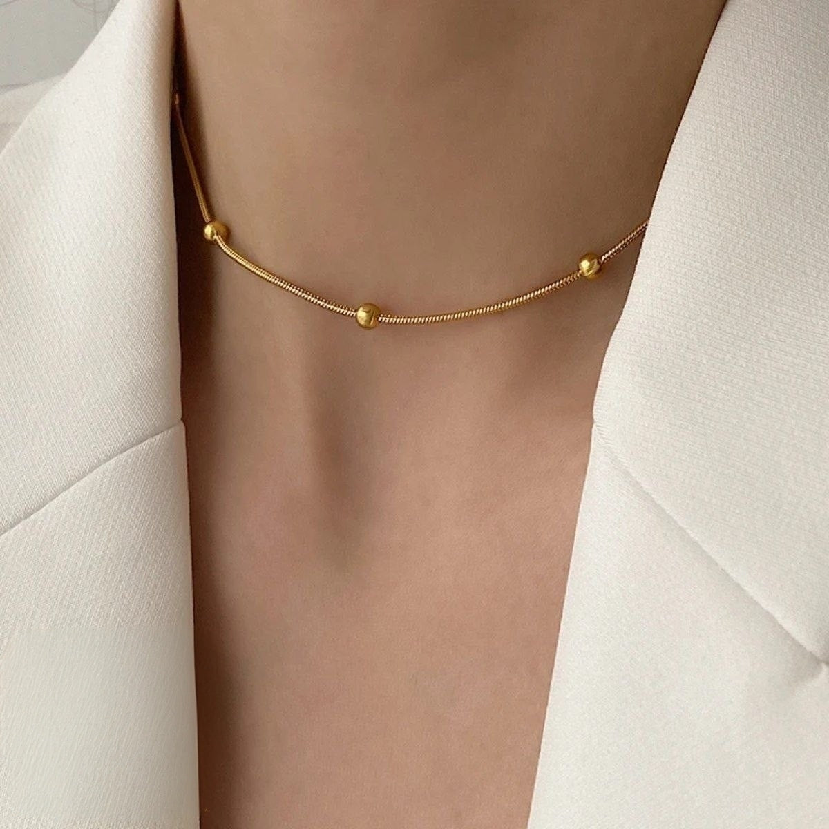 Beaded Snake Chain Stainless Steel Gold Plated Necklace