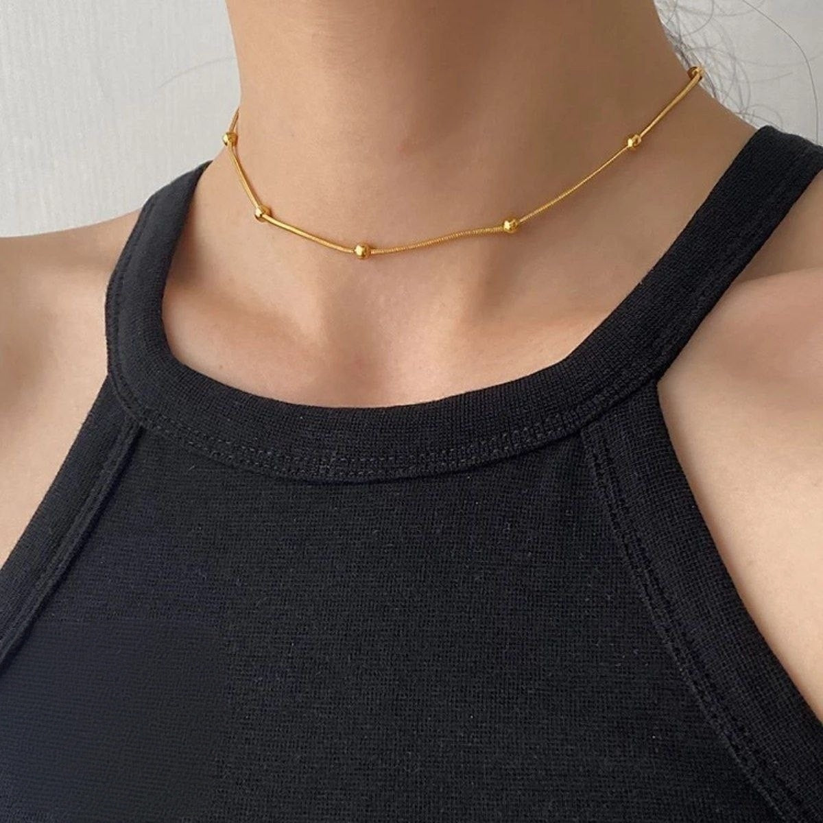 Beaded Snake Chain Stainless Steel Gold Plated Necklace