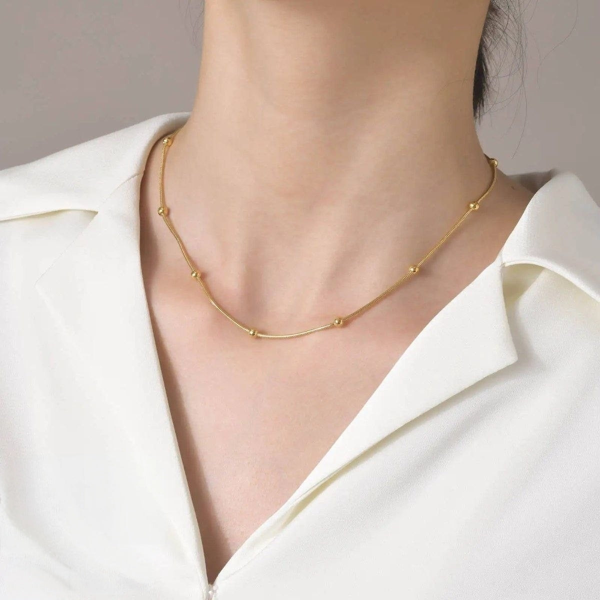 Beaded Snake Chain Stainless Steel Gold Plated Necklace