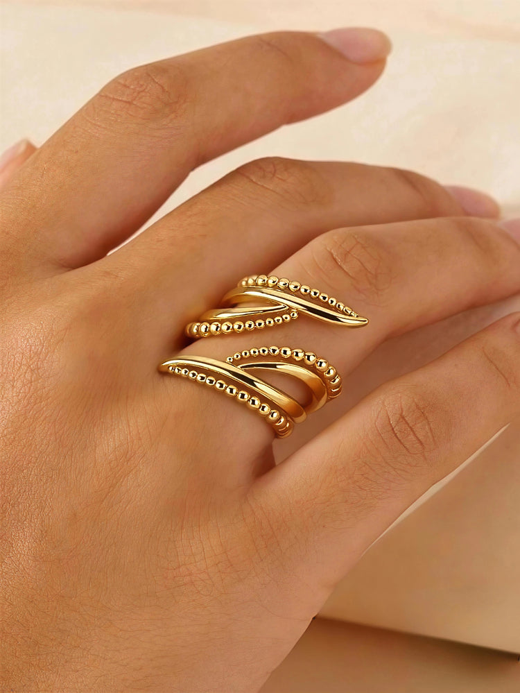 Beaded Wave Stainless Steel Gold Plated Free Size Ring