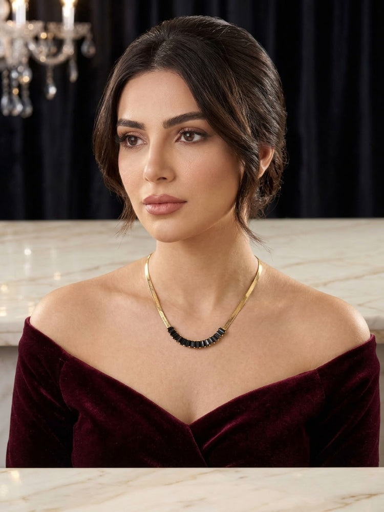 Black Baguette Zircon Stone Stainless Steel Gold Plated Necklace