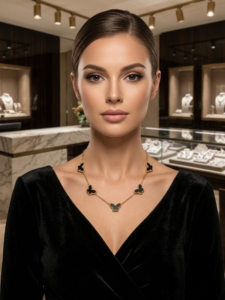 Black Butterfly Stainless Steel Gold Plated Necklace