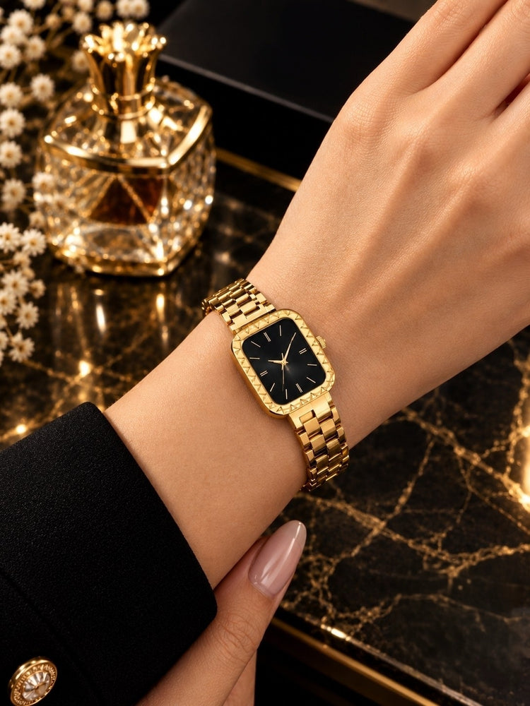 Black Dial Link Stainless Steel Watch-Style Bracelet