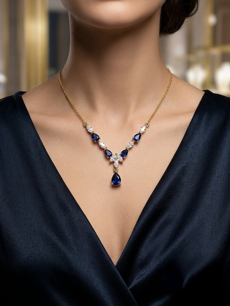 Blue Teardrop Stainless Steel Gold Plated Necklace