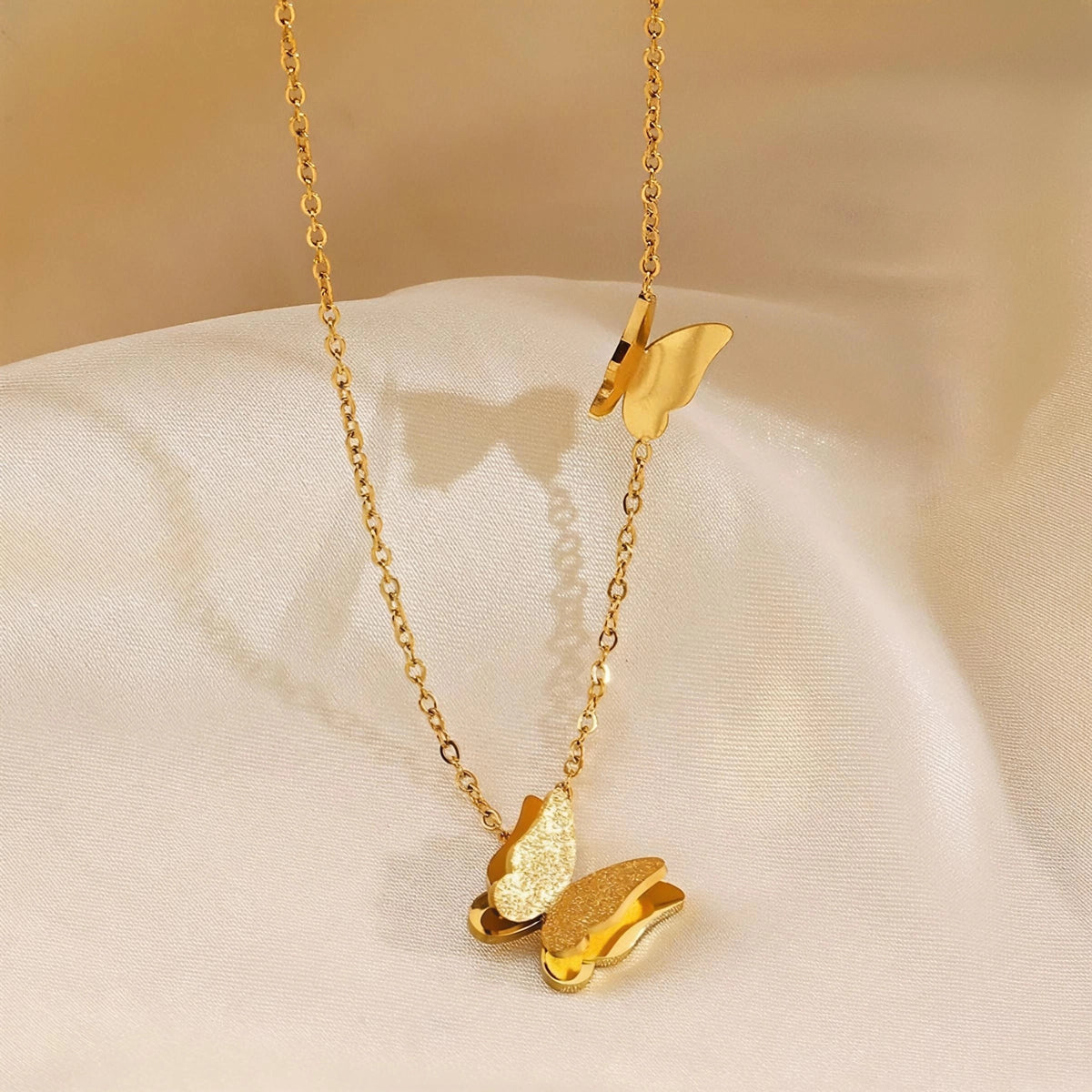 Double Butterfly Stainless Steel Gold Plated Necklace
