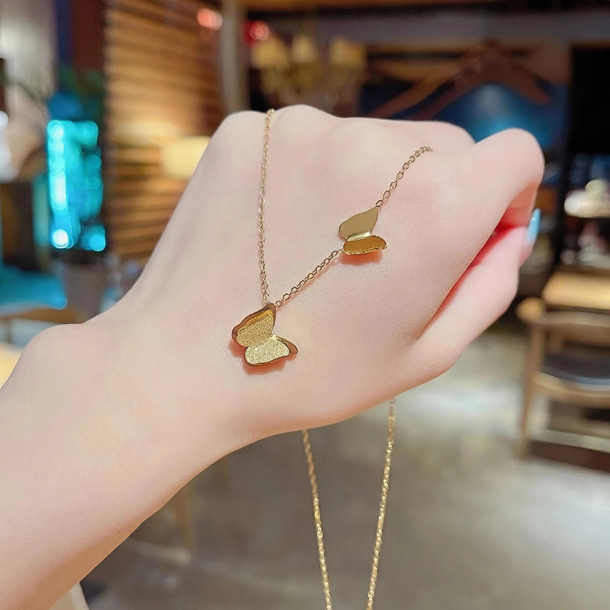 Double Butterfly Stainless Steel Gold Plated Necklace