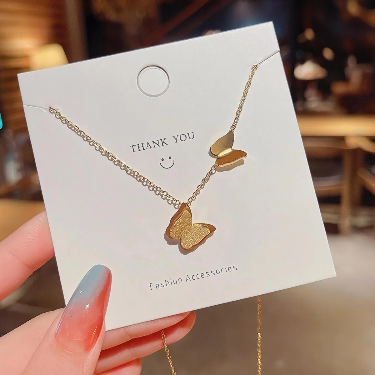 Double Butterfly Stainless Steel Gold Plated Necklace