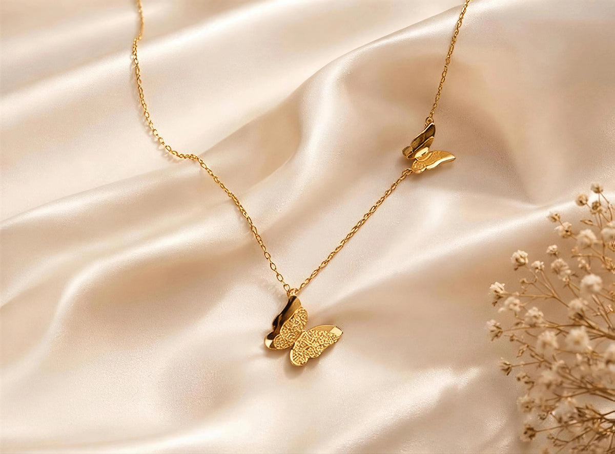 Double Butterfly Stainless Steel Gold Plated Necklace