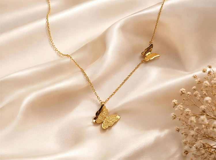 Double Butterfly Stainless Steel Gold Plated Necklace
