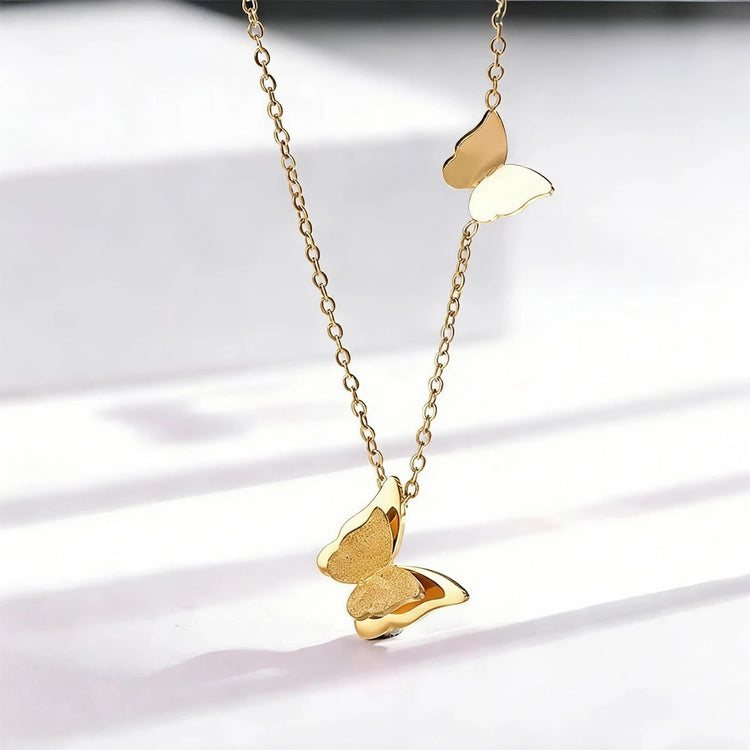 Double Butterfly Stainless Steel Gold Plated Necklace