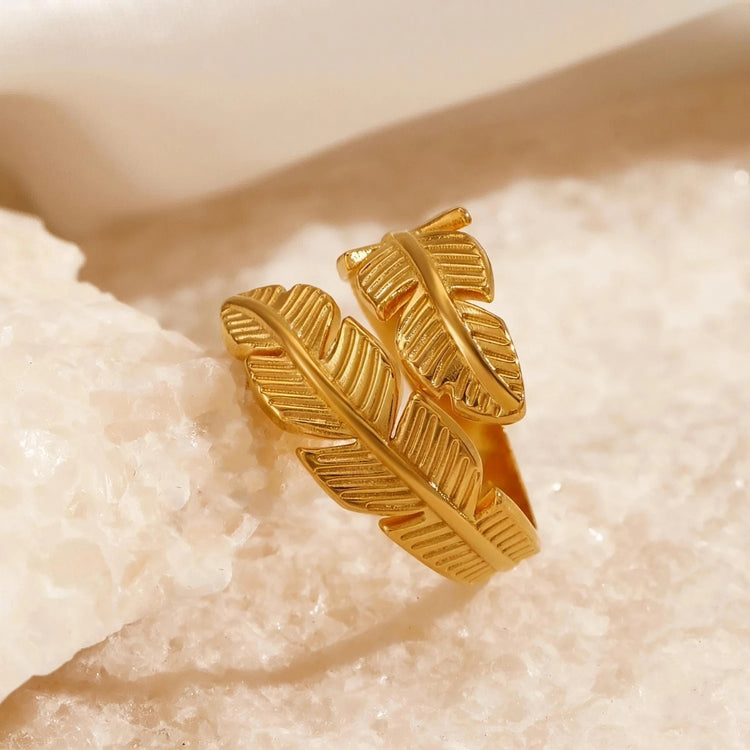Double Feather Stainless Steel Gold Plated Free Size Ring