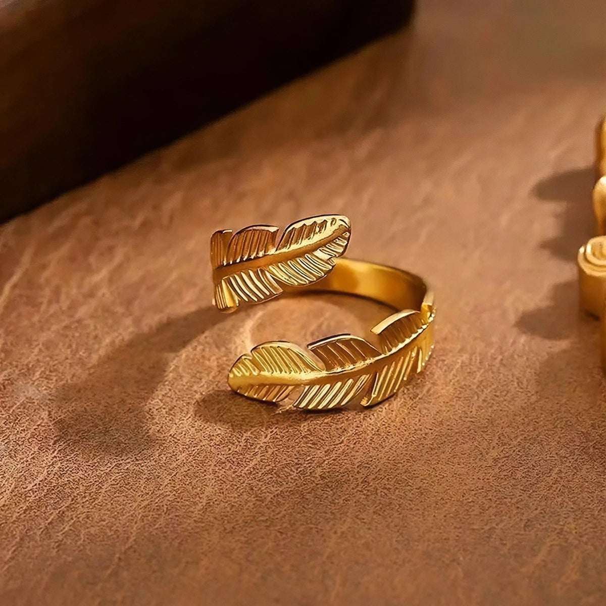 Double Feather Stainless Steel Gold Plated Free Size Ring