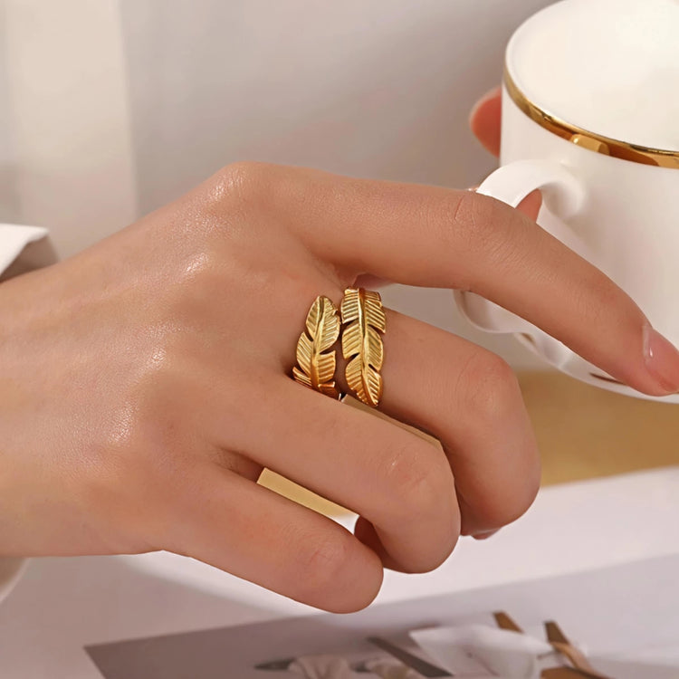 Double Feather Stainless Steel Gold Plated Free Size Ring
