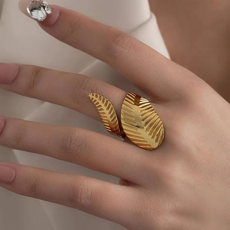 Double Leaf Stainless Steel Gold Plated Free Size Ring