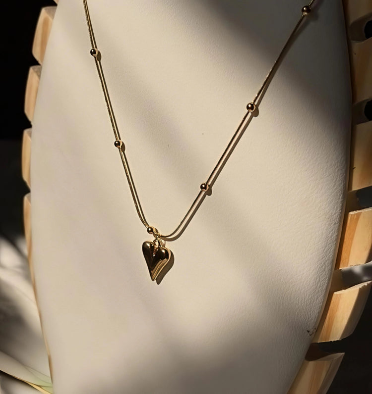 Elongated Heart Beaded Stainless Steel Gold Plated Necklace