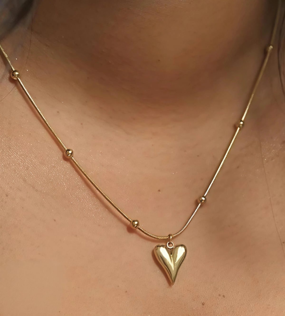 Elongated Heart Beaded Stainless Steel Gold Plated Necklace