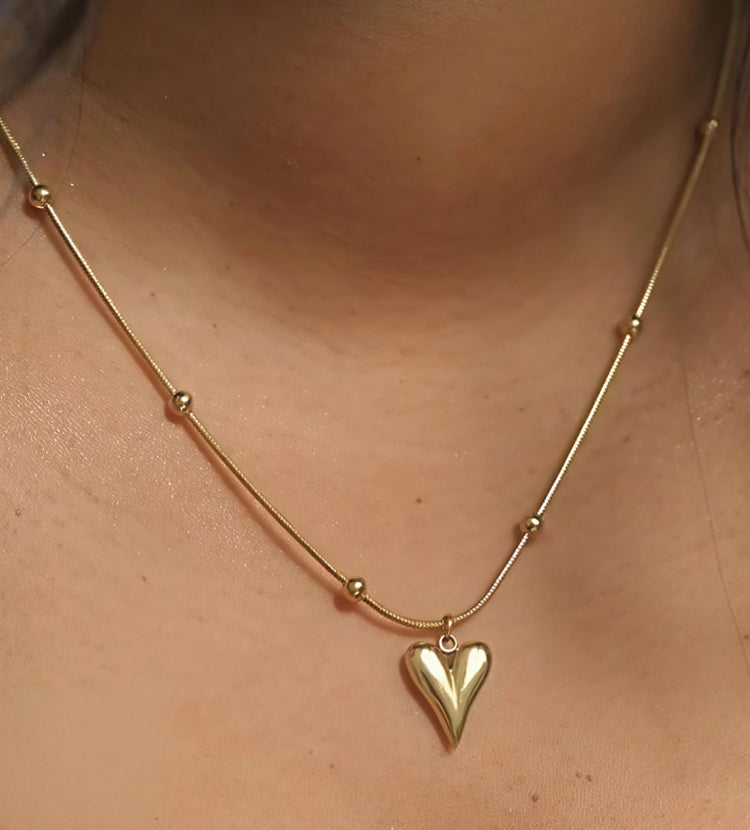 Elongated Heart Beaded Stainless Steel Gold Plated Necklace