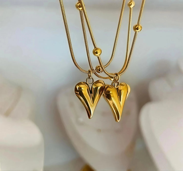 Elongated Heart Beaded Stainless Steel Gold Plated Necklace