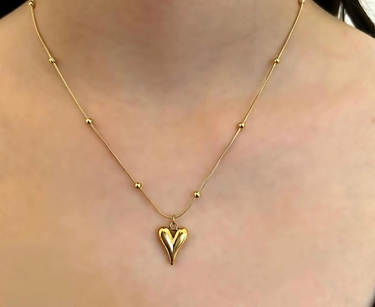 Elongated Heart Beaded Stainless Steel Gold Plated Necklace