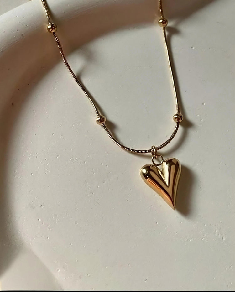 Elongated Heart Beaded Stainless Steel Gold Plated Necklace
