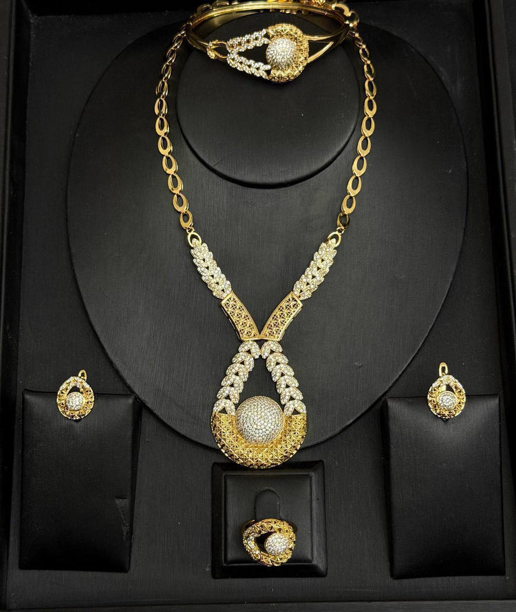 Gold Filigree Laurel Zircon Stone Stainless Steel Gold Plated Jewellery Set