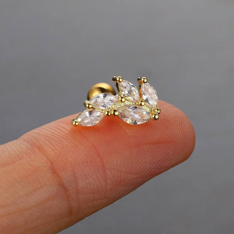 Gold Five Leaf Branch Zircon Stone Stainless Steel Gold Plated Piercing