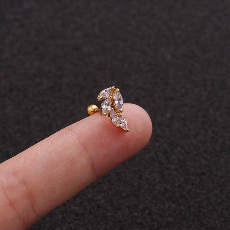 Gold Five Leaf Branch Zircon Stone Stainless Steel Gold Plated Piercing
