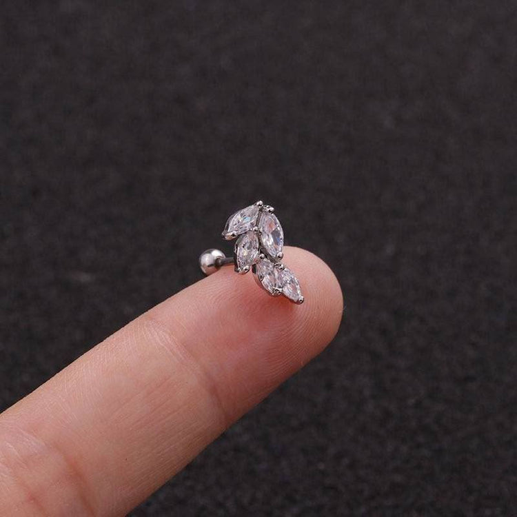 Silver Five Leaf Branch Zircon Stone Stainless Steel Piercing