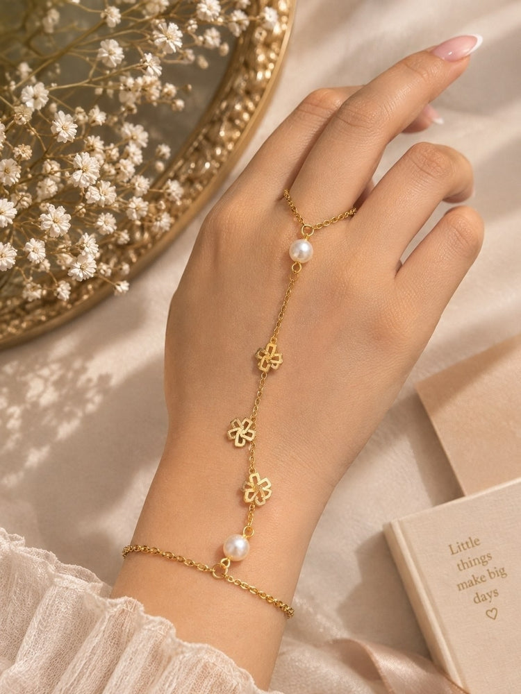 Floral Pearl Detail Stainless Steel Gold Plated Hand Chain Bracelet