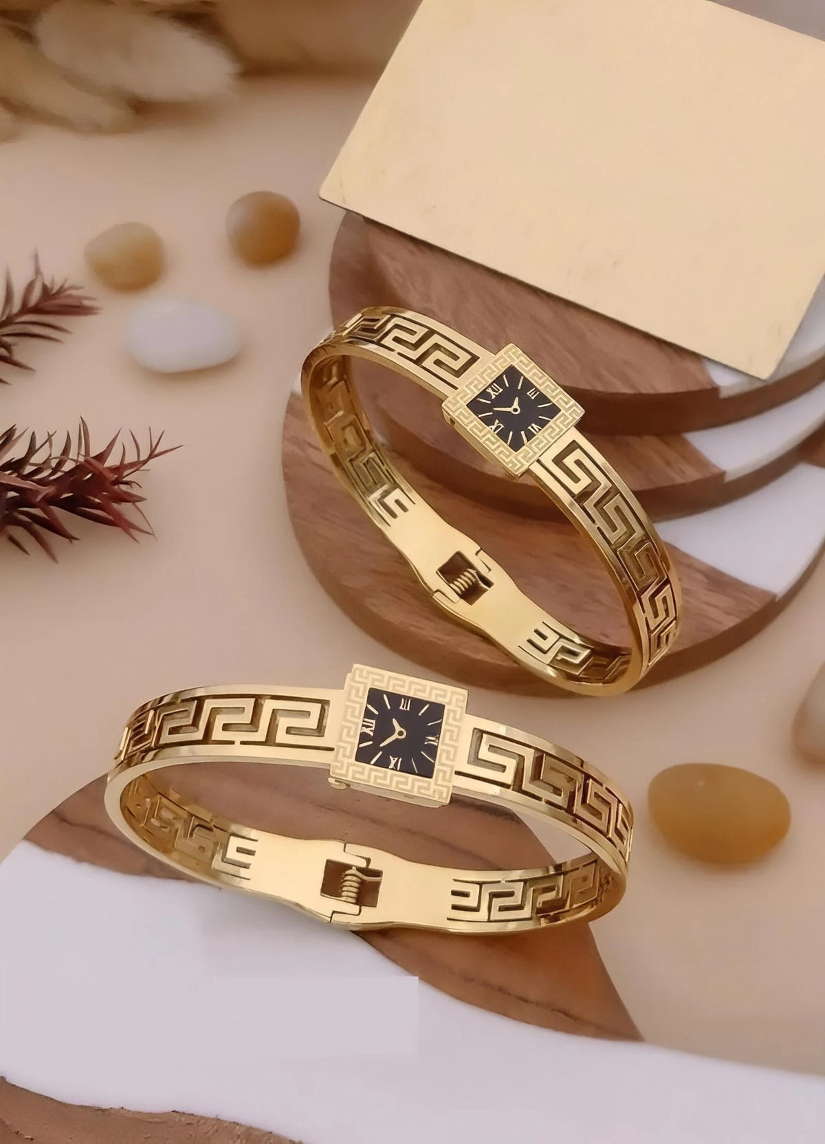 Greek Key Stainless Steel Watch-Style Bracelet