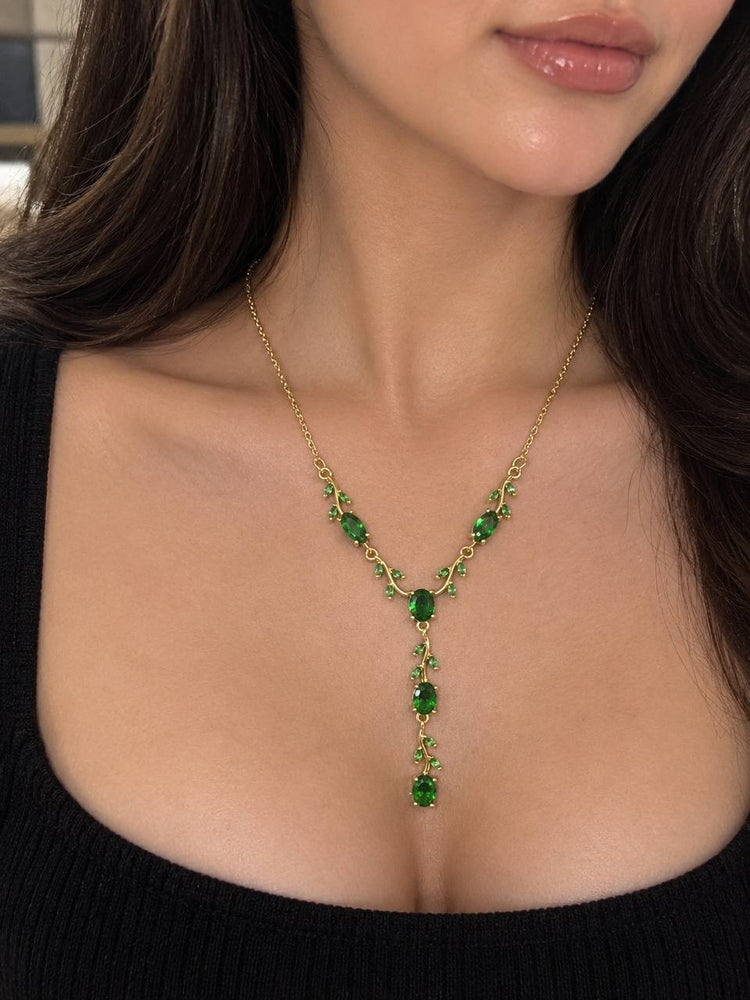 Gold Green Vine Drop Zircon Stone Stainless Steel Gold Plated Necklace
