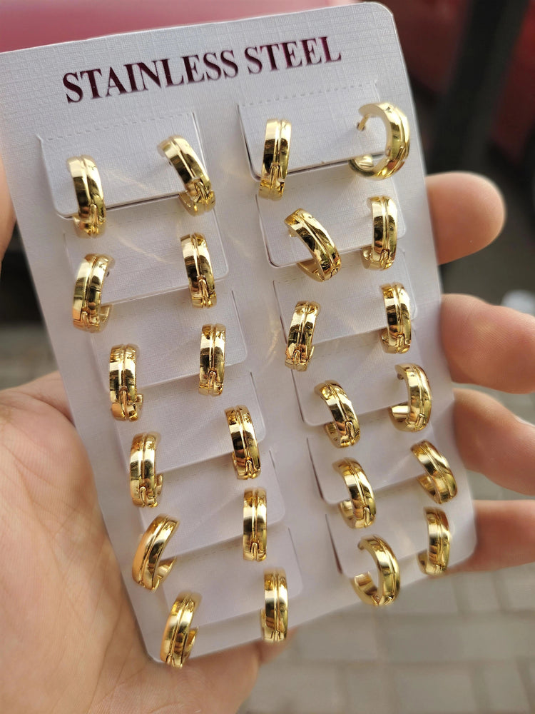 Grooved Hoop Stainless Steel Gold Plated Earrings