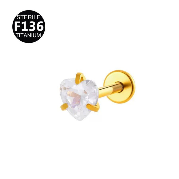 Gold Heart Zircon Stone Stainless Steel Gold Plated Flat Back Piercing