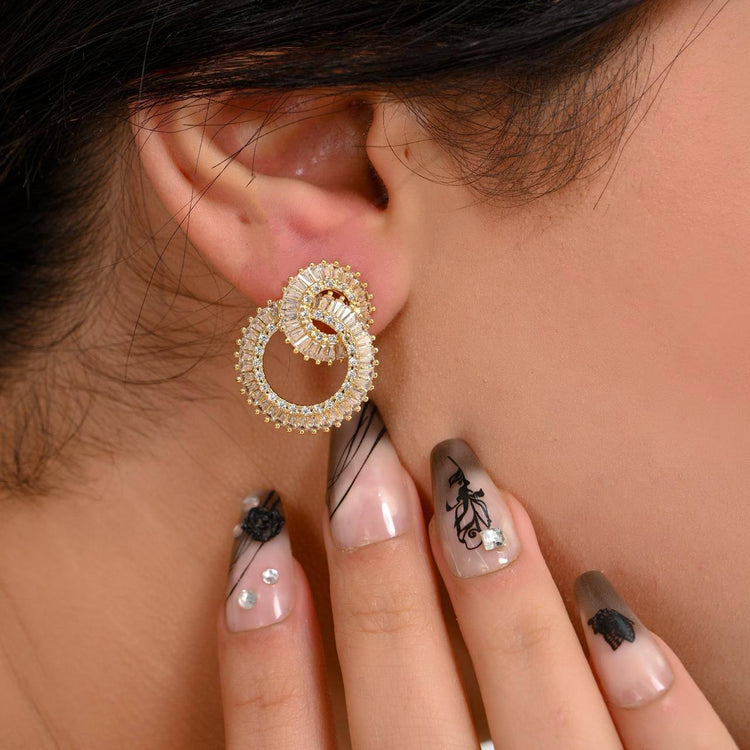 Gold Interlocking Circles Zircon Stone Stainless Steel Gold Plated Earrings
