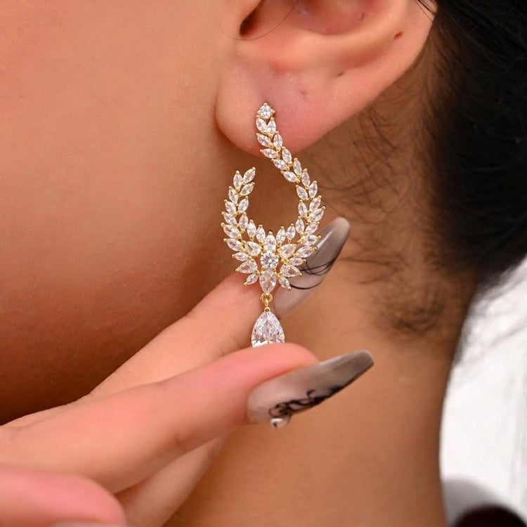 Gold Laurel Teardrop Zircon Stone Stainless Steel Gold Plated Earrings