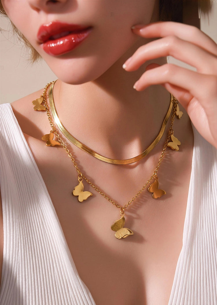 Layered Butterfly Stainless Steel Gold Plated Necklace