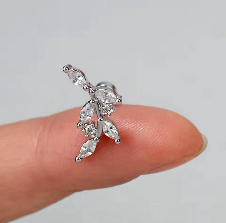 Silver Leaf Branch Zircon Stone Stainless Steel Piercing
