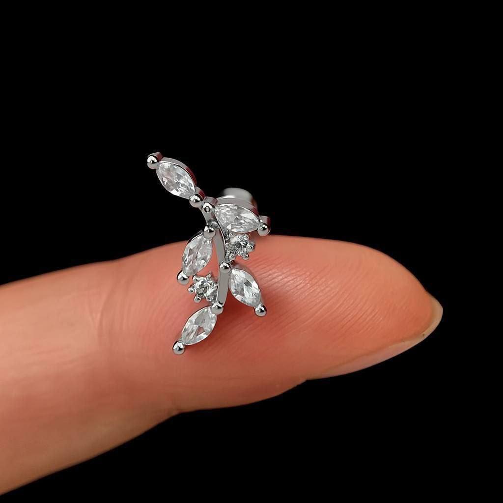 Silver Leaf Branch Zircon Stone Stainless Steel Piercing