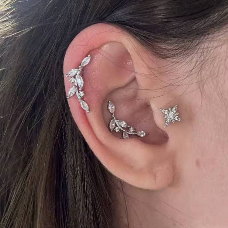 Silver Leaf Branch Zircon Stone Stainless Steel Piercing