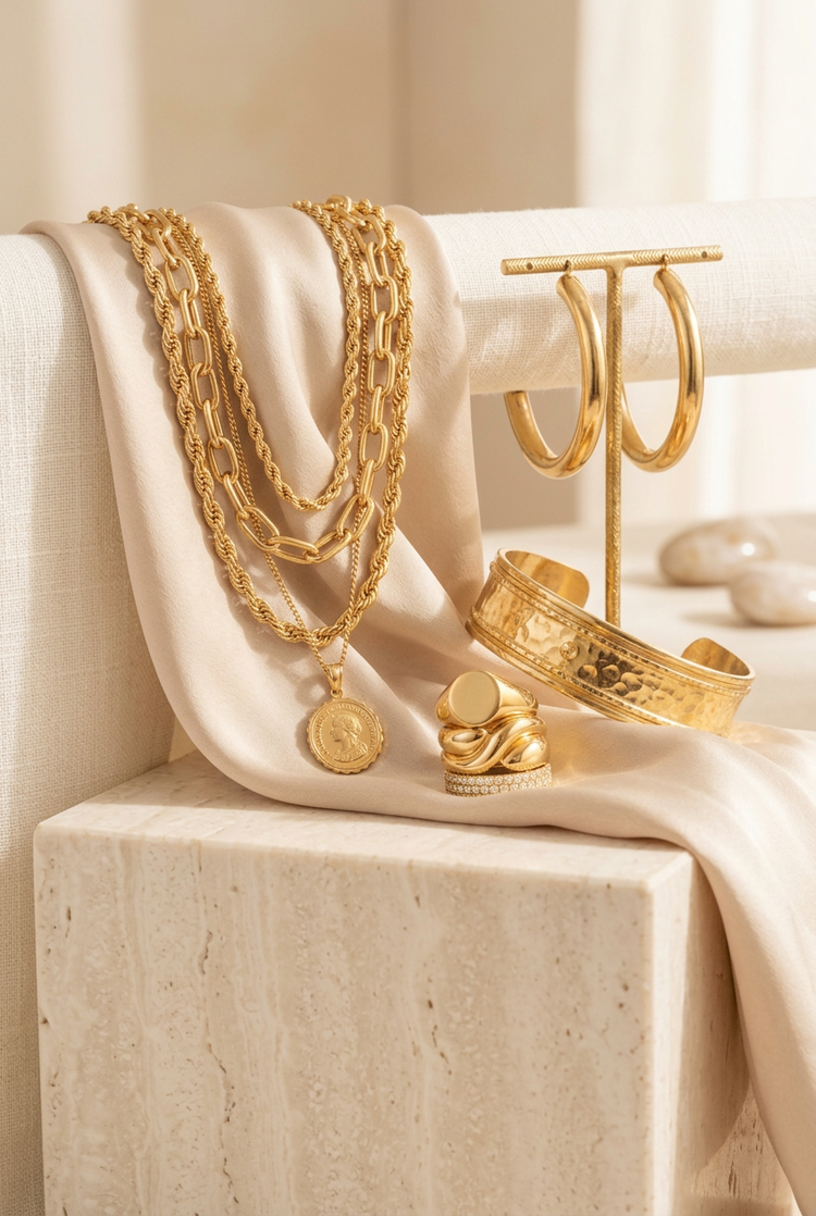 Gold necklaces, hoop earrings, rings and a cuff bracelet on black velvet