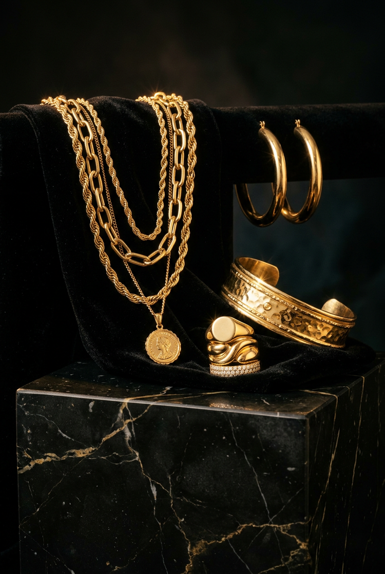 Gold necklaces, hoop earrings, rings and a cuff bracelet on black velvet