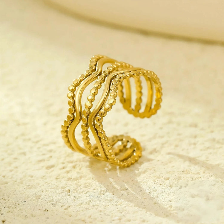 Multi Row Beaded Wave Stainless Steel Gold Plated Free Size Ring